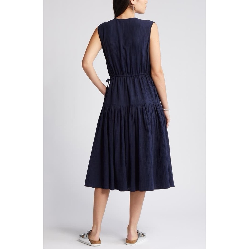 Caslon Women's Tiered Cotton‎ Gauze Midi Dress Navy Blue Size Large